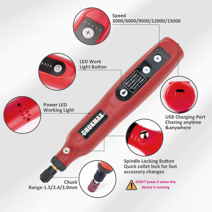 CHOKMAX Cordless Rotary Tool Kit, 3.7V Mini Grinder with 5 Variable Speed, Front LED Work Light, 42pcs Accessories Electric Multi-Tool for Polishing, Cleaning and Engraving