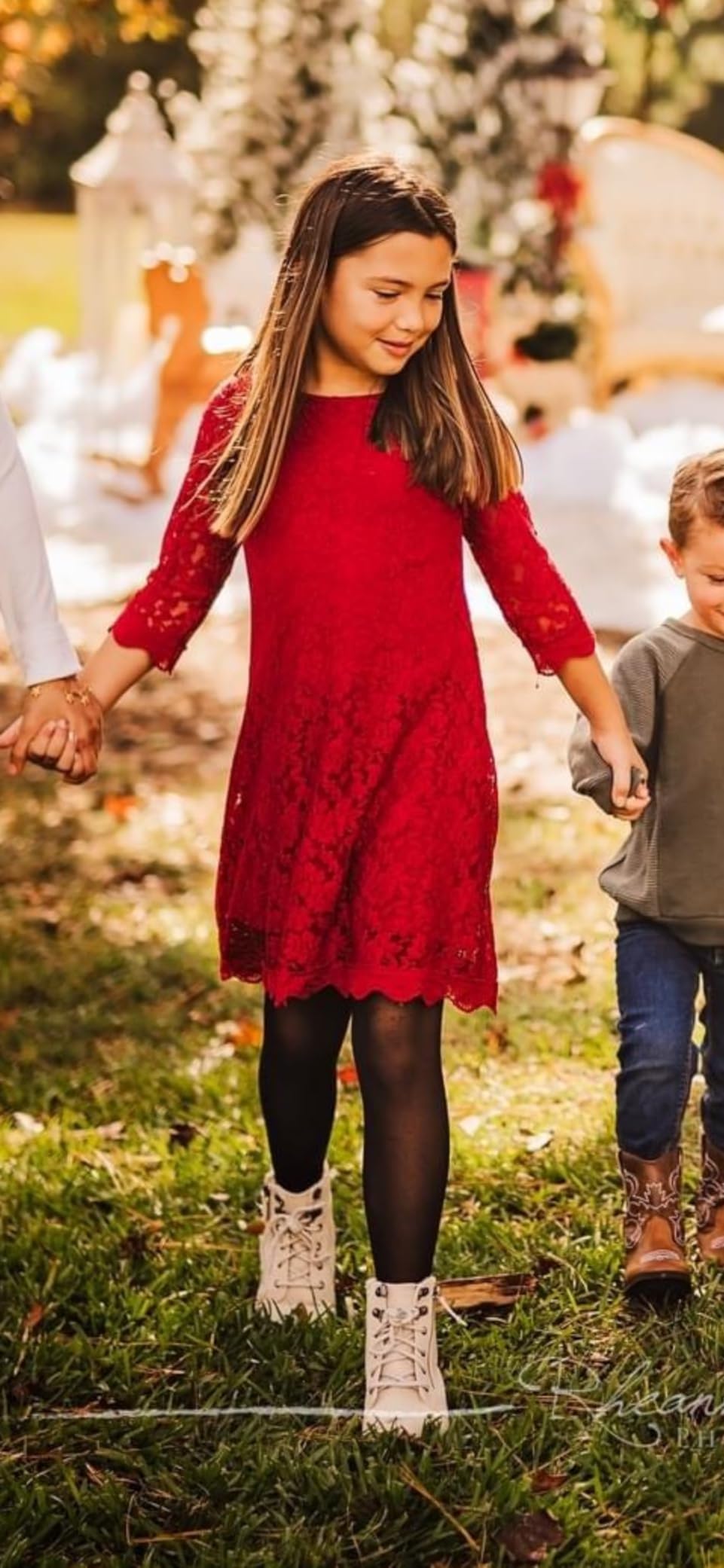 Flower Girl Dress, Lace Dress 3/4 Sleeve Dress (Red, 8-9 Years)