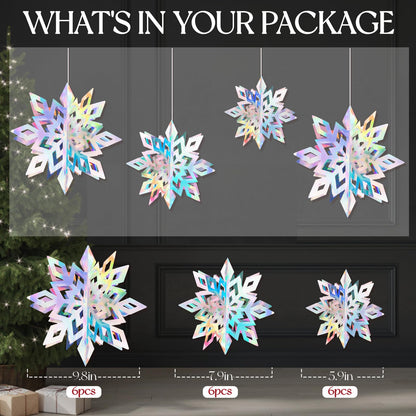 18pcs Hanging Snowflakes Decorations, 3D Iridescent Large Snowflakes Ornaments Hanging Snow Flakes from Ceiling for Christmas Winter Wonderland Indoor Home New Year Frozen Birthday Party Decorations