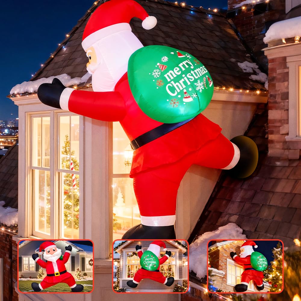 KOOY 6FT Christmas Inflatables Climbing Santa, Blow Ups Xmas Hanging Santa Outdoor Decorations with LED Light Up for Xmas Yard Outdoor Roof Christmas Decorations