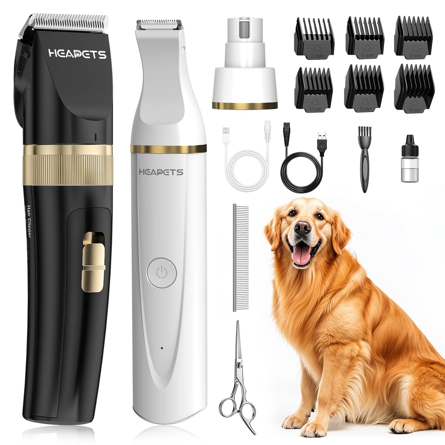 HEAPETS Dog Hair Clippers for Grooming Kit and Dog Paw Trimmer Nail Grinder for Grooming, Low Noise Rechargeable Cordless, Shaver Grooming Supplies for Pet Cats Dogs (Black, White)