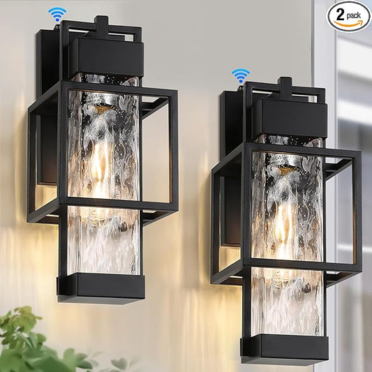 SHIMR Dusk to Dawn Outdoor Lighting 2 Pack, Outdoor Wall Sconce with Water Seeded Glass, Exterior Lighting Fixtures with E26 Base, Outdoor Lights for House Porch Garage Bulb Included