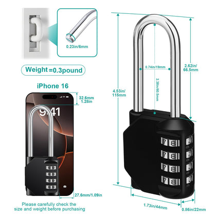 ZHEGE Long Shackle Padlock, 4 Digit Combination Lock, Resettable Weatherproof Combo Lock for School, Gym, Employee Locker, Outdoor, Fence (Black, 2 Pack)