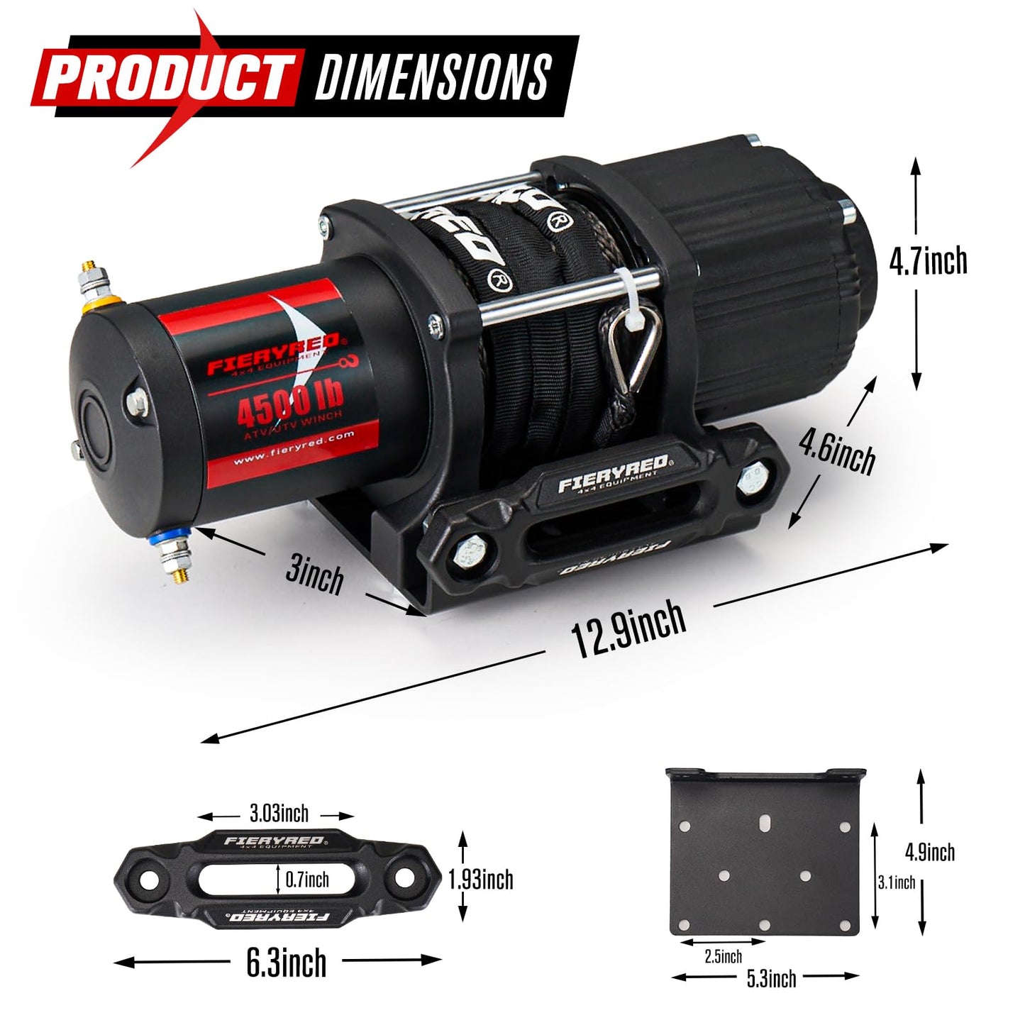 FIERYRED ATV/UTV Winch 12V 4500 lb Electric Winch with Synthetic Rope, with Wireless Remote Control Hawse Aluminium Fairlead & Mounting Bracket, Waterproof IP67
