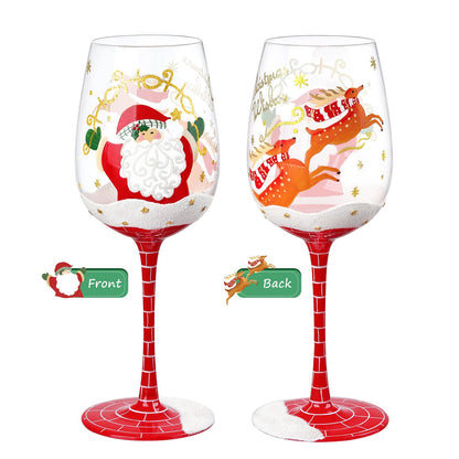 NymphFable Hand Painted Wine Glass 15oz Santa Claus Christmas Elk Deer Snowflake Xmas Christmas Gift for Family Friend（1 piece）
