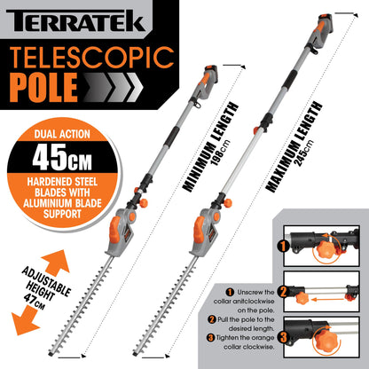 Terratek Cordless Hedge Trimmer Long Reach 20V 1HR Fast Charge, 2.4m Telescopic Hedge Trimmer Cordless Hedge Cutter with 2x Batteries, Shoulder Strap and Charger Included