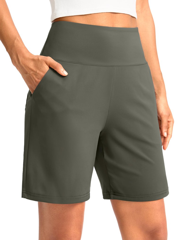 G Gradual Women's Bermuda Long Shorts with Pockets 7" High Waisted Knee Length Shorts for Women Walking Athletic Workout(Grey Sage-L7,L)