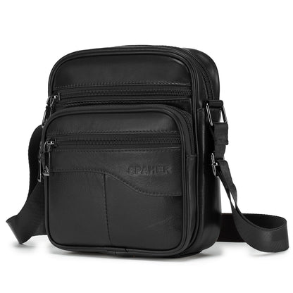 SPAHER Men Small Genuine Leather Handbag Shoulder Bag Satchel Business Messenger Backpack Crossbody Casual Sling Travelling Bag Mens Gift For Wallet Purse Mobile Phone Keys Black