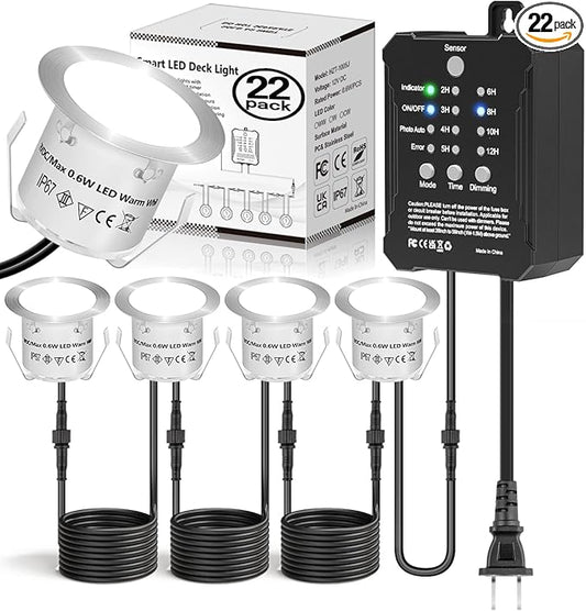 HIBOITEC Low Voltage Deck Lights Kit with Transformer Dimmable Timer and Photocell Sensor Outdoor Recessed LED Deck Lighting IP67 Waterproof 4000K for Stair Step Outdoor Garden Yard 22Pack