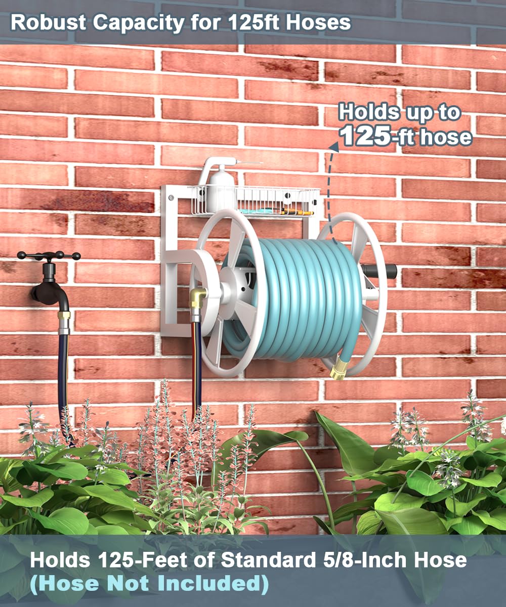 Artigarden Outdoor Garden Hose Reel Wall Mount, Heavy-Duty Water Hose Holder Winder with 3.9 ft Leader Hose, Brass Fitting and Storage Basket for Yard, Holds 125 Feet of 5/8-Inch Hose, White
