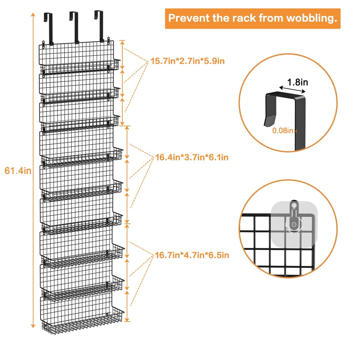 JKsmart 6-Tier Spice Rack Organizer with Door Hook, Wall Mounted & Over the Door Spice Racks for Kitchen Pantry Door Cabinet, Two Size, Large Capacity, Black
