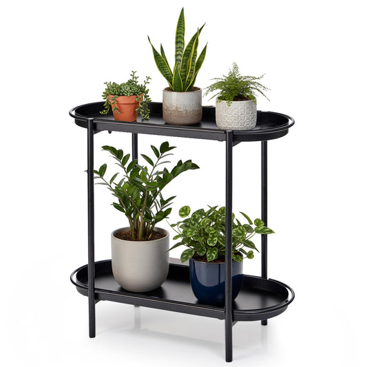 Floraluxe Large Metal 2-Tier Multi-Purpose Stand – Sleek Black Indoor/Outdoor Oval Shelving Unit; Modern Storage Rack for Home Decor, Books, Bathroom Essentials, or Plants