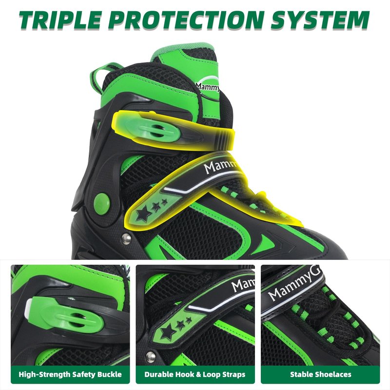 MammyGol Adjustable Inline Skates for Boys Girls Kids Youth with Light up Wheels, Green Beginner Blades Roller Skates for Boys Size 5 6 7 8 Ages 6-12
