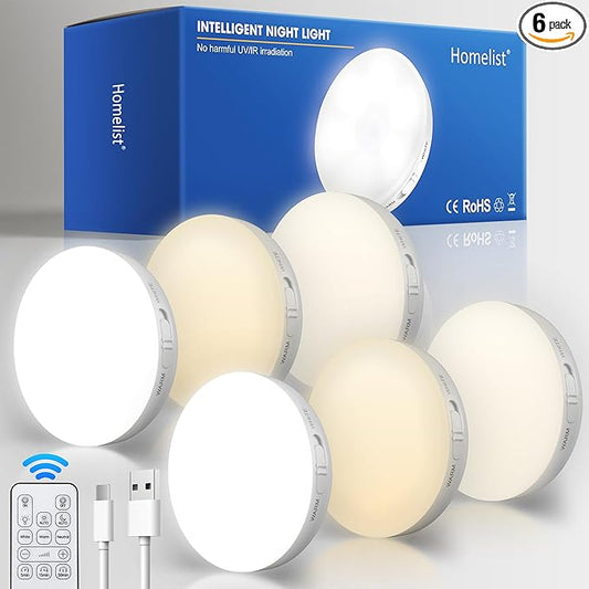 Homelist Motion Sensor Lights Indoor with Remote Control, 6 Pack Closet Night Lights Battery Operated Stick on Under Cabinet Lighting, 3 Color Temps Rechargeable Puck Lights for Kitchen Stair Hallway