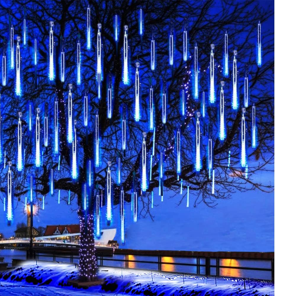 Kordain Outdoor Christmas Lights, Falling Rain Meteor Shower 12 inch 8 Tubes 144 LED Snow Icicle Cascading Fairy String Lights for Holiday Wedding Party Garden Tree Decor, UL Plug, Blue