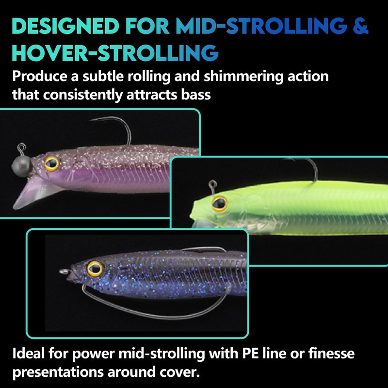 Eupheng 3.5Inches/4Inches/6Inches Soft Plastic Swimbait with Lip, Trimmable Tail, Realistic Mid-Strolling Hover-Strolling Soft Fishing Lures for Bass Fishing