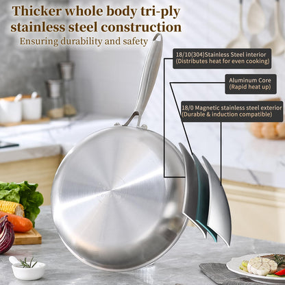 DELARLO Tri-Ply Stainless Steel Pan, 12 inch Frying Pan with Lid, Compatible with All Cooktops Up to 600℉, Fast & Even Heat, Skillet, Induction Cookware, Cooking Pan, Stir Fry Pan, Dishwasher Safe