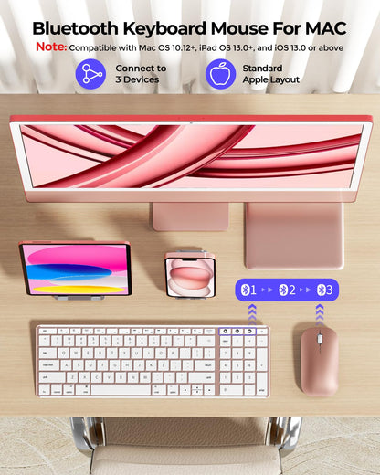 seenda Bluetooth Keyboard and Mouse for Mac, SKM64-2 Multi-Device Rechargeable Slim Wireless Keyboard Mouse Stainless Steel Full Size, Compatible with MacBook Pro/Air, iPad, Mac - Space Gray