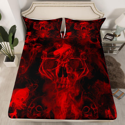 Gothic Skull Bed Sheets Red and Black Skeleton Sheet Set Full For Boys Teens Men Women,Psychedelic Goth Skull Bedding Set Trippy Smoke Halloween Fitted Sheet + Horror Flat Sheet + 2 Pillow Cases