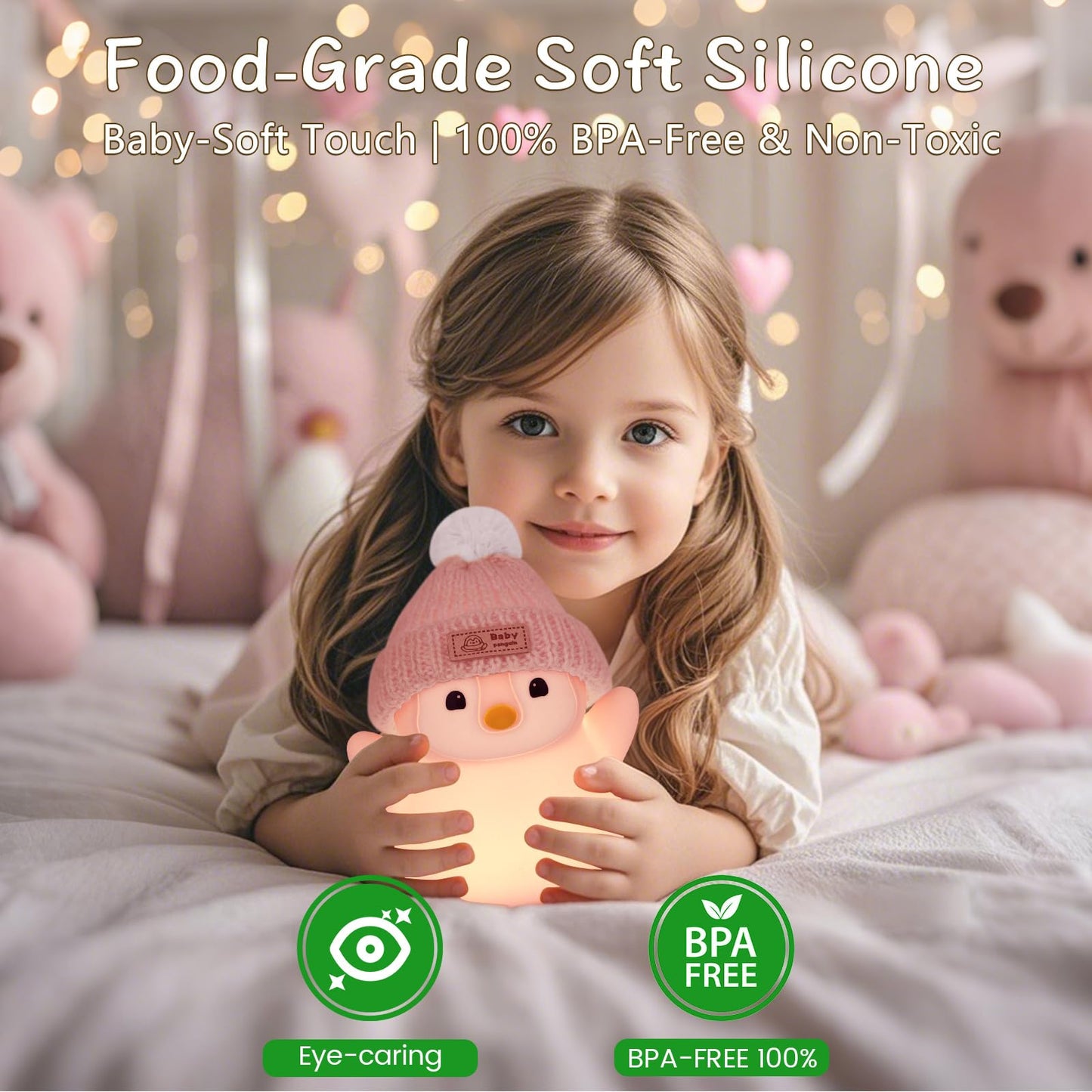 FAMIDUO Penguin Night Light, Cute Pink Penguin Lamp with Knit Hat, Soft Silicone Nursery Nightlight for Baby, Rechargeable/Dimmable/Timer,LED Squishy Novelty Animal Bedside Lamp,Funny Gifts for Kids