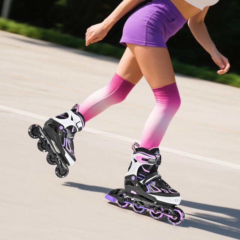 2PM SPORTS Vinal Inline Skates for Girls Boys Kids Ages 5-8 8-12 with Adjustable Illuminating Wheels, Inline Roller Skates for Youth Women Men - Purple Pink Large