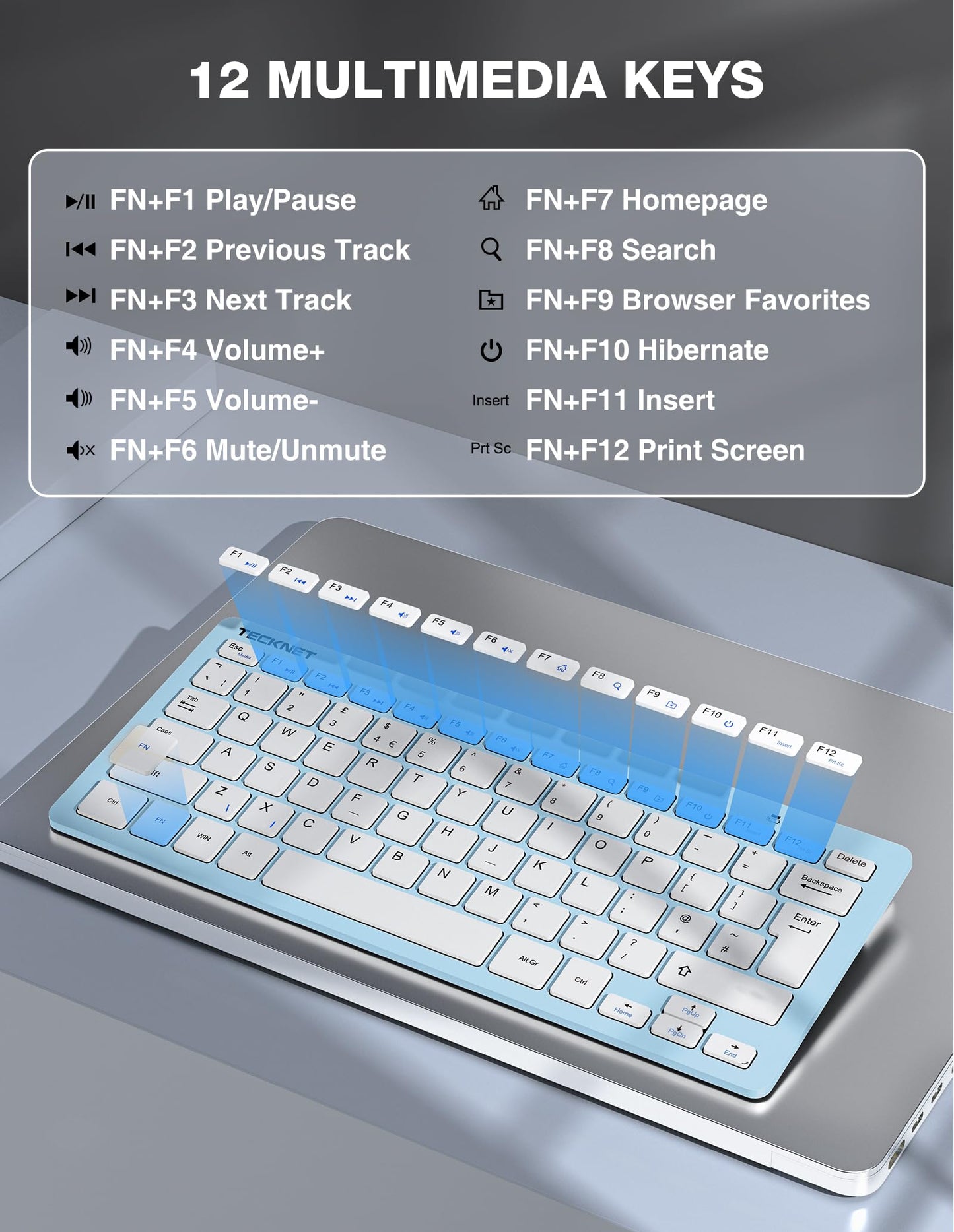 TECKNET Mini Wireless Keyboard and Mouse Set, 2.4G Cordless USB Keyboard and Silent Mouse Comb with Nano USB Receiver, 12 Multimedia Shortcuts for Computer, PC, Laptop, Desktop, Blue