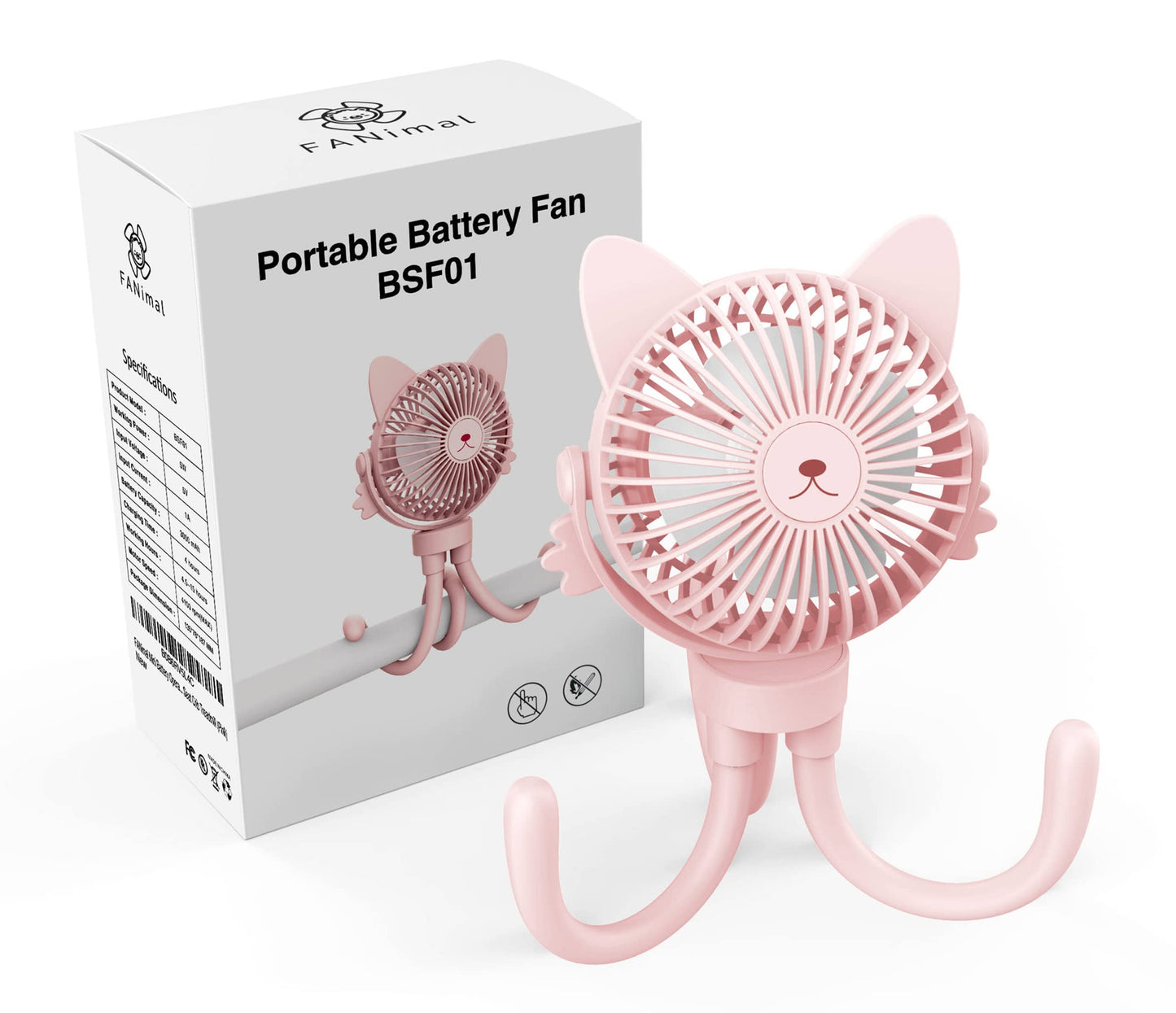 FANimal Portable Stroller Fan for Baby – Rechargeable Handheld & Clip-On USB Fan, Stroller Accessories with Night Light (Pink)