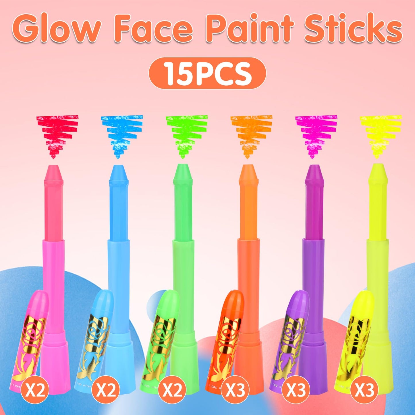 15PCS Glow in the Dark Body & Face Paint Stick,Makeup Face Paint Kit for Kids and Adults Halloween Club Black Light Birthday Party Masquerade Neon Glow Party Supplies
