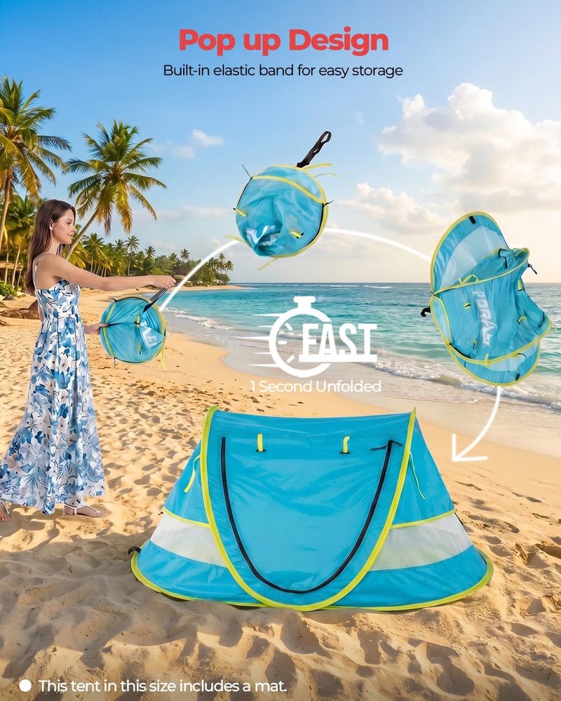 Portable Baby Beach Tent - UPF 50+ Sun Shelter with Mosquito Net | Ideal Pop-Up Kids Travel Tent with Carry Bag & 2 Stakes