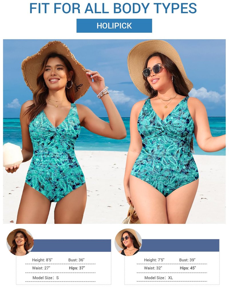 Holipick Green Paisley Women Tummy Control One Piece Swimsuit - Push Up Bathing Suit Full Coverage Slimming Swimwear XXL