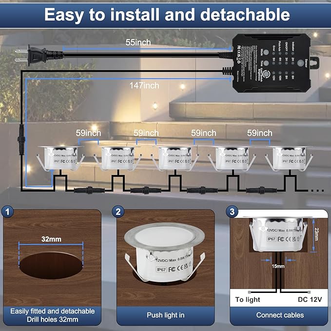 Low Voltage Deck Lights Recessed Kit with Transformer Dimmable Timer and Photocell Sensor Outdoor LED Deck Lighting 3CCT 2700K-5000K IP67 Waterproof for Stair Patio Yard 10 Packs