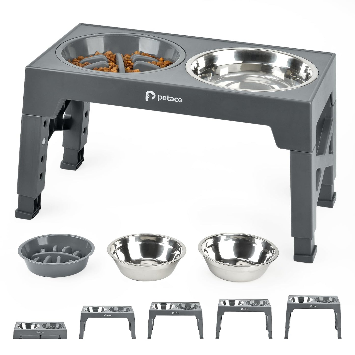 Petace Elevated Dog Bowls for Large Dogs, Raised Dog Bowl Stand with Slow Feeder Bowl & 2 Stainless Steel Dog Food Bowls, 5 Heights Adjustable for Small Medium Large Dogs and Pets
