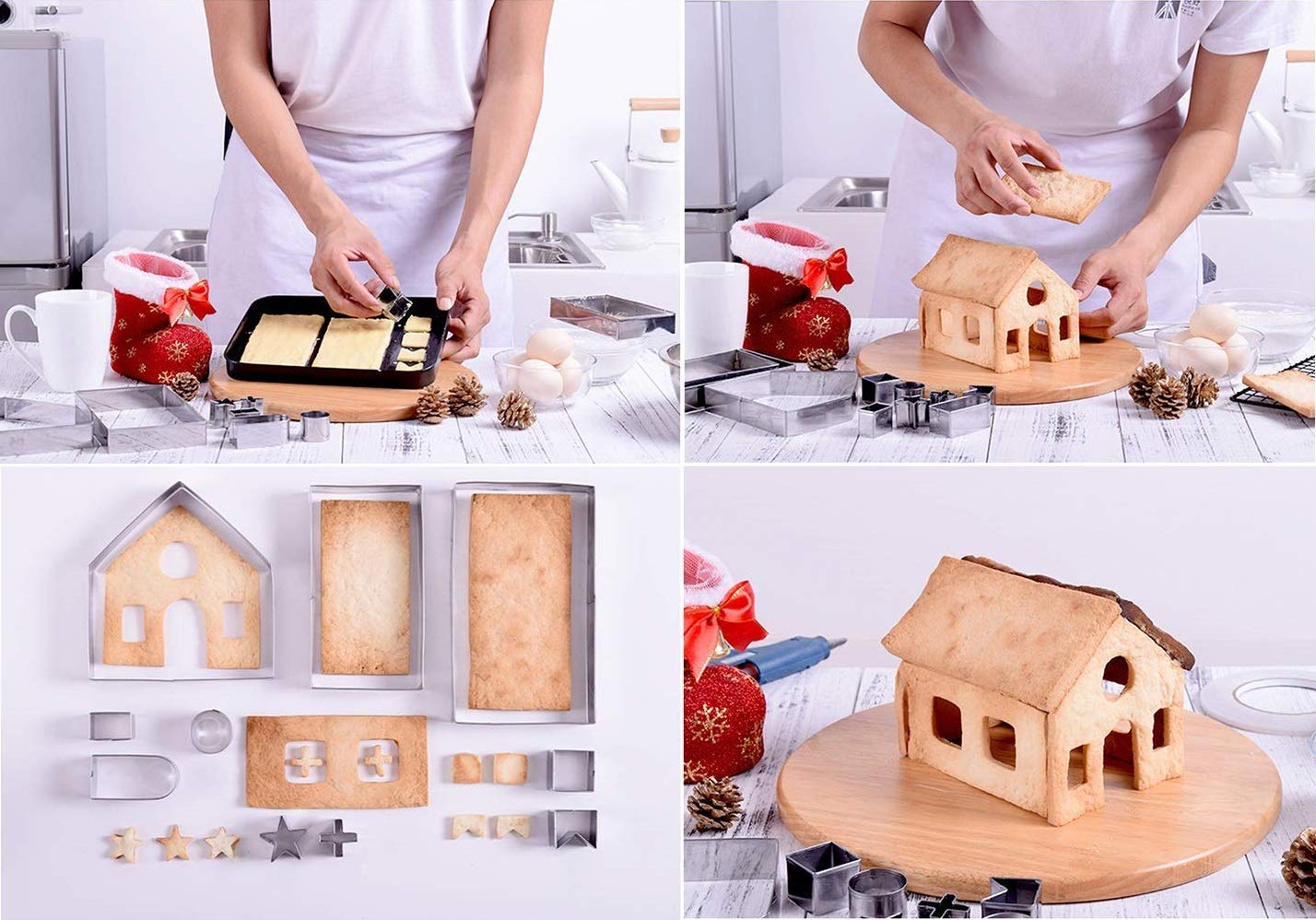 Sakolla (Set of 10) Gingerbread House Cookie Cutter Set, 3D Gingerbread House Kit Christmas Cookie Cutters for Kids Gingerbread Houses Mold Gift Box Packaging