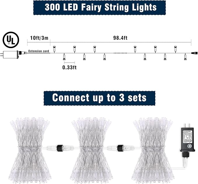 Christmas Lights Outdoor Waterproof 100ft 300 LED String Lights Indoor 8 Modes Clear Wire, Plug in Colorful Twinkle Fairy Light for Bedroom Wedding Party Decorations