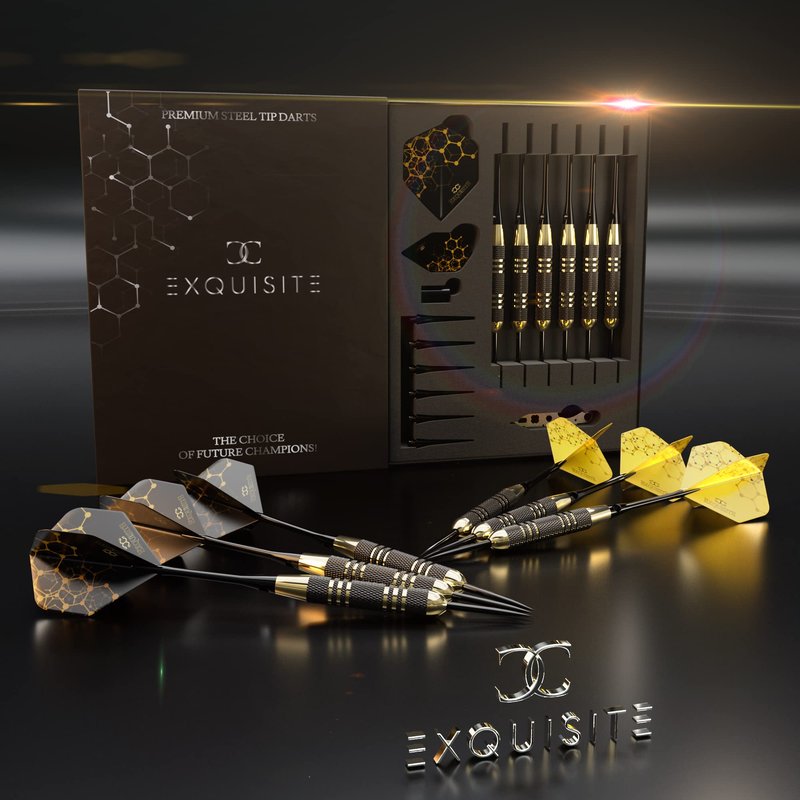 CC-Exquisite Premium Steel Tip Darts Set - Professional Darts, Brass Barrels, Metal Tip Darts, Extra Flights, (12) Aluminum Shafts 35/48, O-Rings, Dart Tool, Dart Sharpener, Darts Case