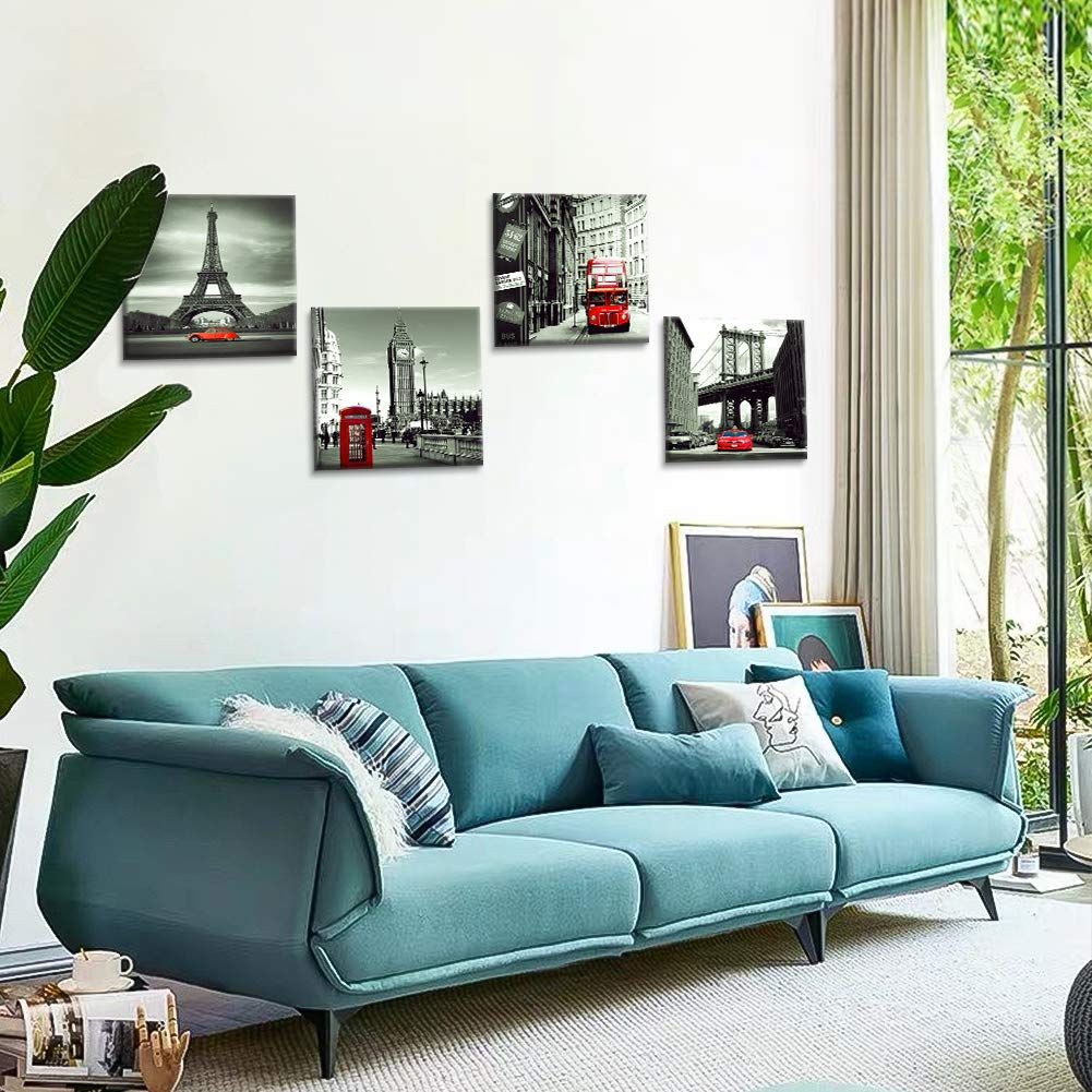 Artscope 4 Pieces Wall Art Canvas Prints - Red Cityscape with Eiffel Tower, Big Ben, Tower Bridge Picture Painting- Modern Wall Artwork Framed for Bathroom Home Office Decor - 30 x 30 CM