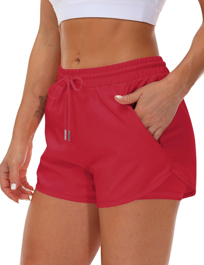 Mancreda Women's Running Shorts with Liner 3 Zipper Pockets Elastic Workout Athletic Gym Yoga Shorts(RD,S) Red