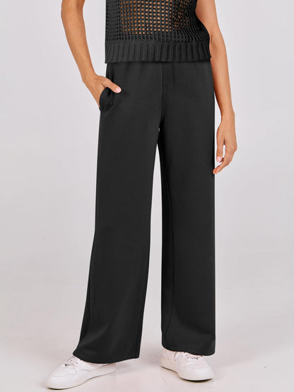 ANRABESS Women Two Piece Outfits Crochet Sheer Knit Sweater Top Wide Leg Pants Lounge Matching Sets Sweatsuit Travel Clothes Black X-Large