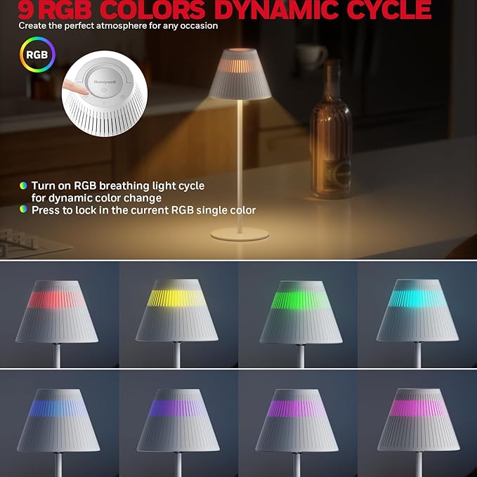 Honeywell Cordless Table Lamps Rechargeable Set of 2, M1 Sunturalux Portable LED Desk Lamp 5200mAh 4Color 9RGB Dimmable Bedside Lamps for Restaurant/Bedroom/Bars/Party/Camping Night Light