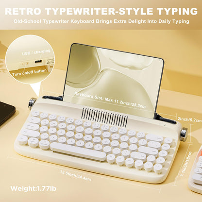 YUNZII Upgraded Wireless Typewriter Keyboard,with Retro Integrated Stand,USB-C/Bluetooth,Cute Round Keycaps, USB-C/Bluetooth Connection for Table, Phone, PC and Win/Mac/Android (B309, Baby Pink)