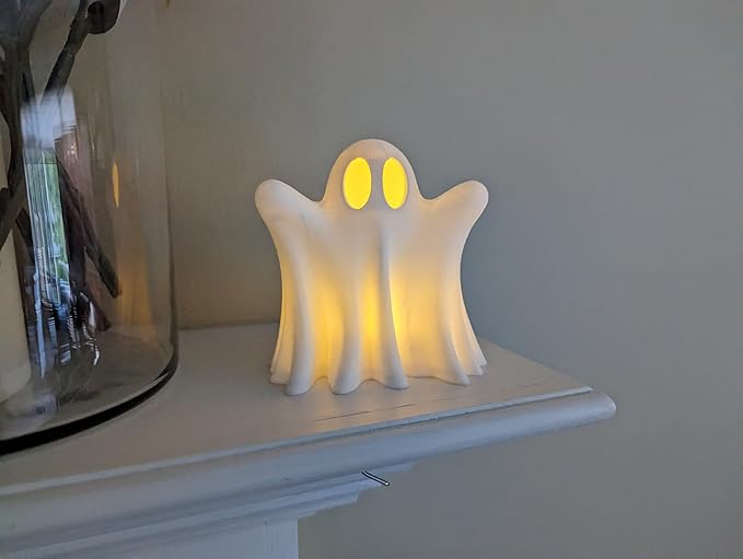 Light Up Ghost Decoration – LED Tea Light Halloween Decor – Cute Spooky Accent for Home, Mantel, Party & Table Centerpiece – Eco-Friendly PLA