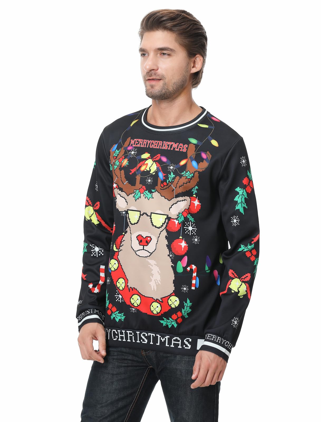 Colorful House Women Men Ugly Christmas Jumper Sweater, 3D Digital Print Sweatshirt(Reindeer,Medium)