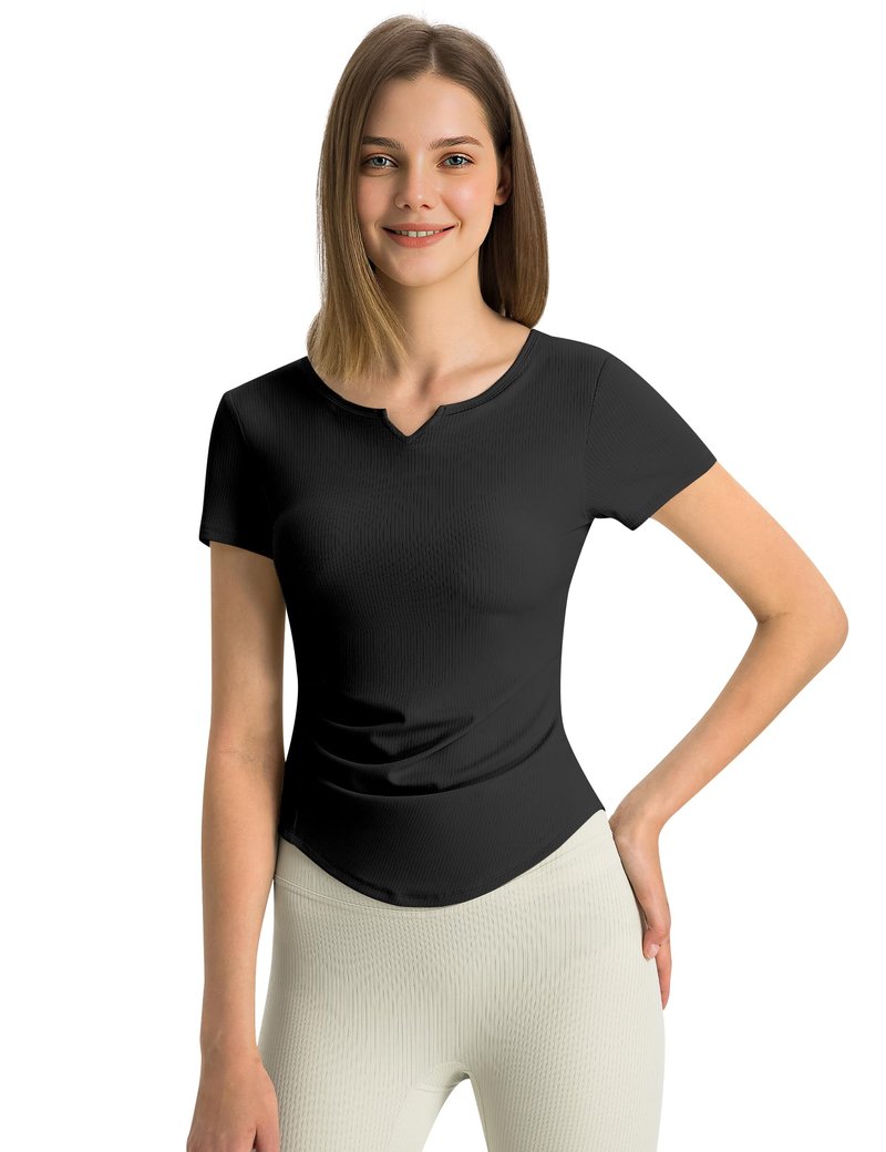 Workout Tops for Women Breathable Short Sleeve Athletic Tee V-Neck Slim Cutting Summer Running Gym Fitness Yoga Sports T-Shirt Black M
