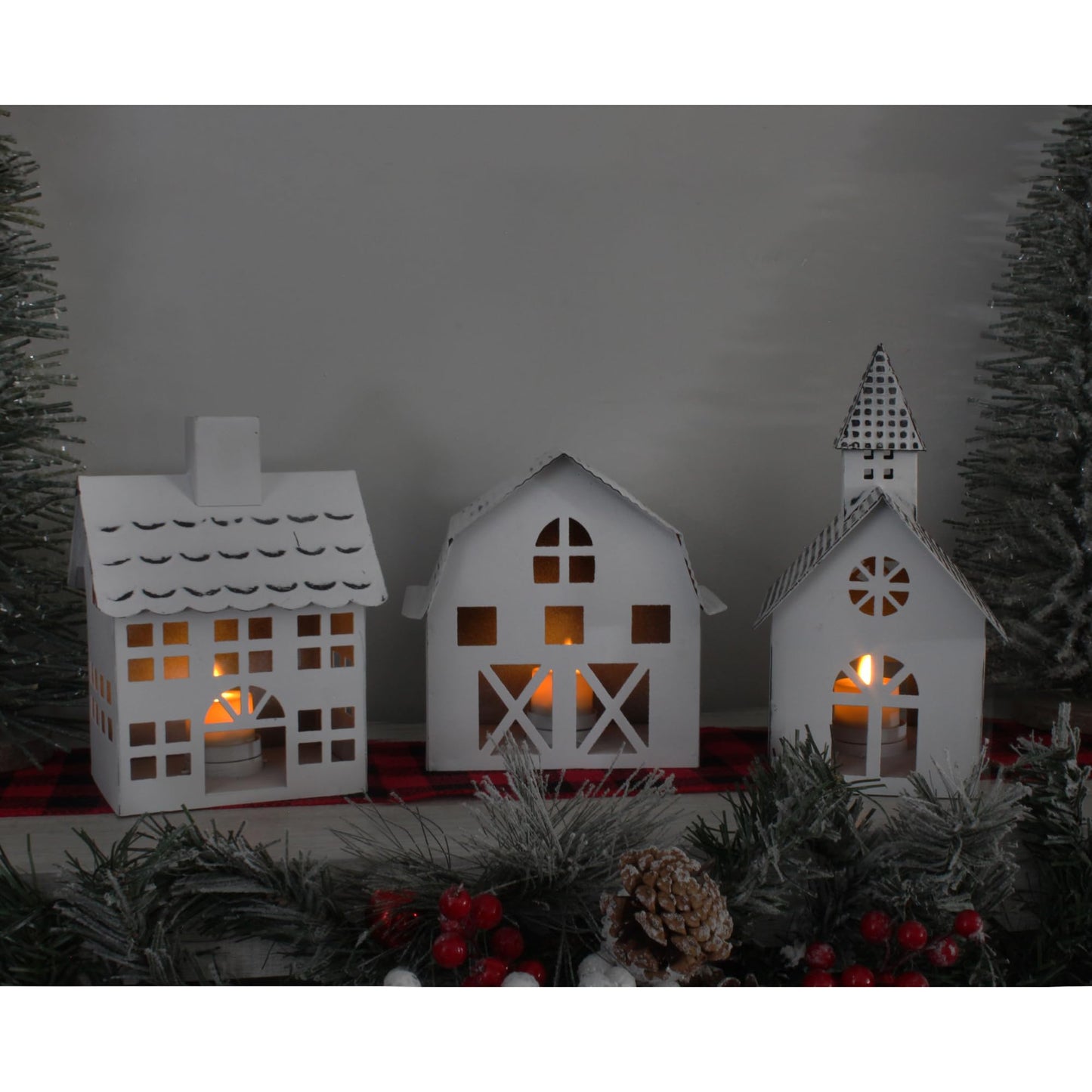 AuldHome Design Farmhouse Christmas Village Collection #2 w/Church, Barn and School (Set of 3, White); Candle Lantern Decorative Christmas Town Display
