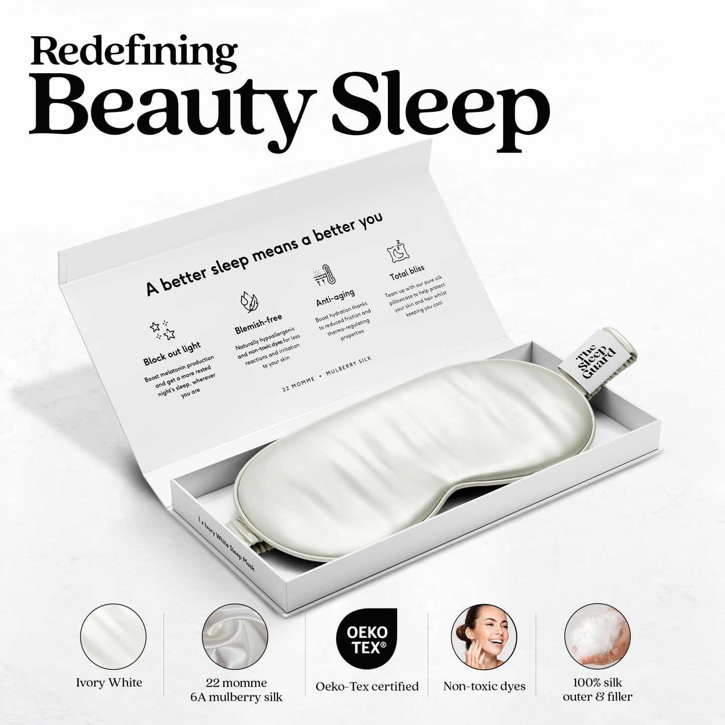 TheSleepGuard Pure Silk Sleep Mask [100% 6A Mulberry Silk, 22 Momme] Light Blocking Travel Essentials. Eye Masks for Sleeping. Black Oeko-Tex Blindfold. Eye Covers for Men & Women