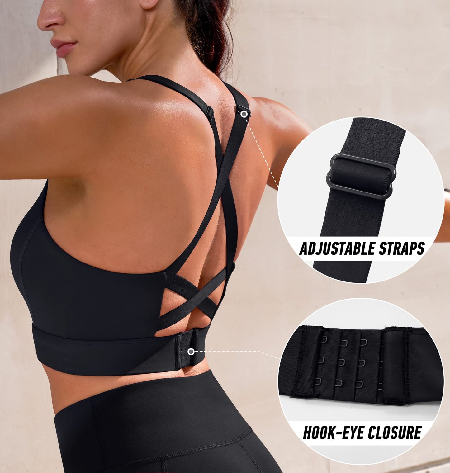Ewedoos High Support Sports Bras for Women Adjustbale Supportive High Impact Sports Bra Push Up Workout Running Bras Black