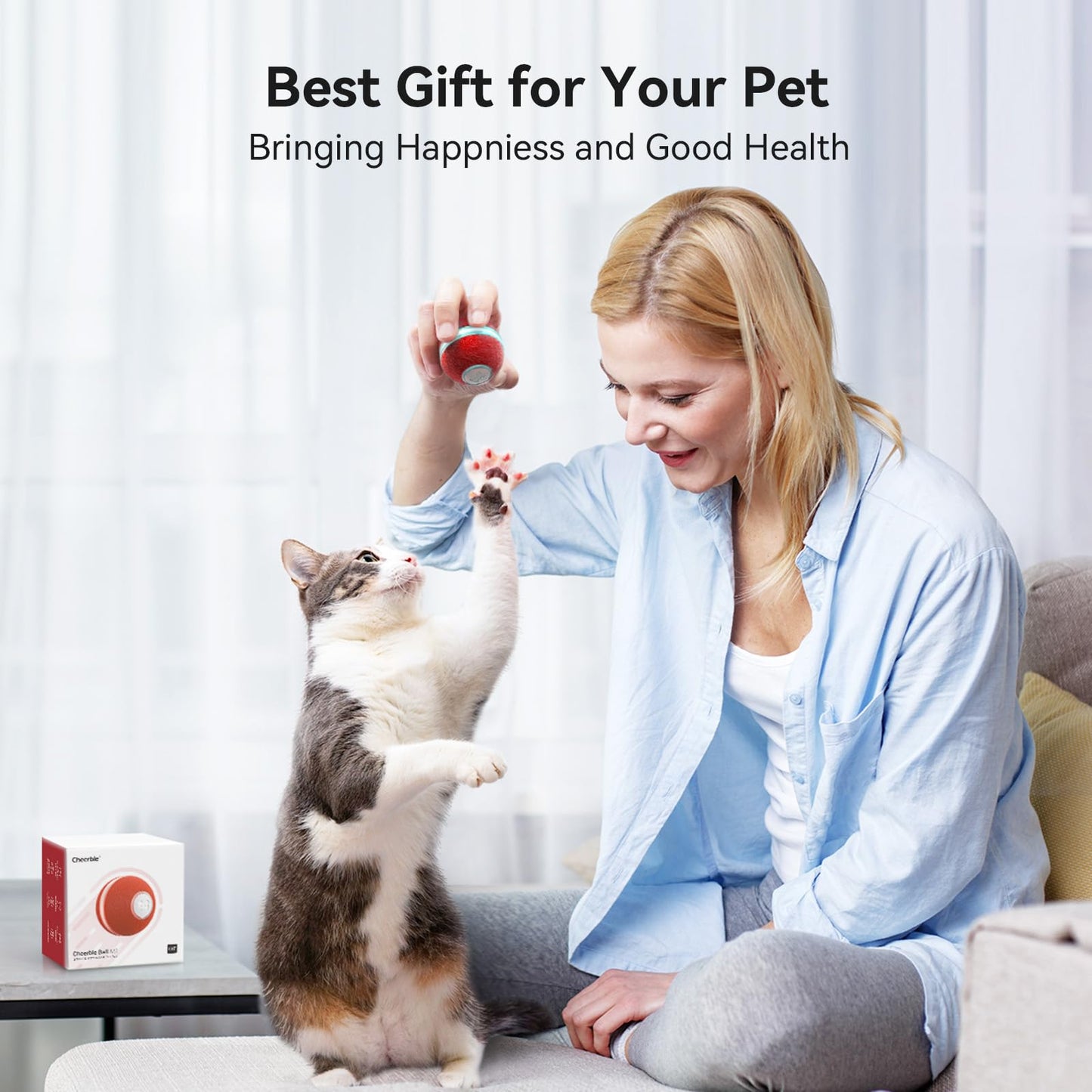 Cheerble Interactive Cat Ball Toy, Automatic Moving Ball Puzzle Toy for Indoor Cat Kitten, Smart Anti-Depression Pet Toy Fun Gift with Light, Red