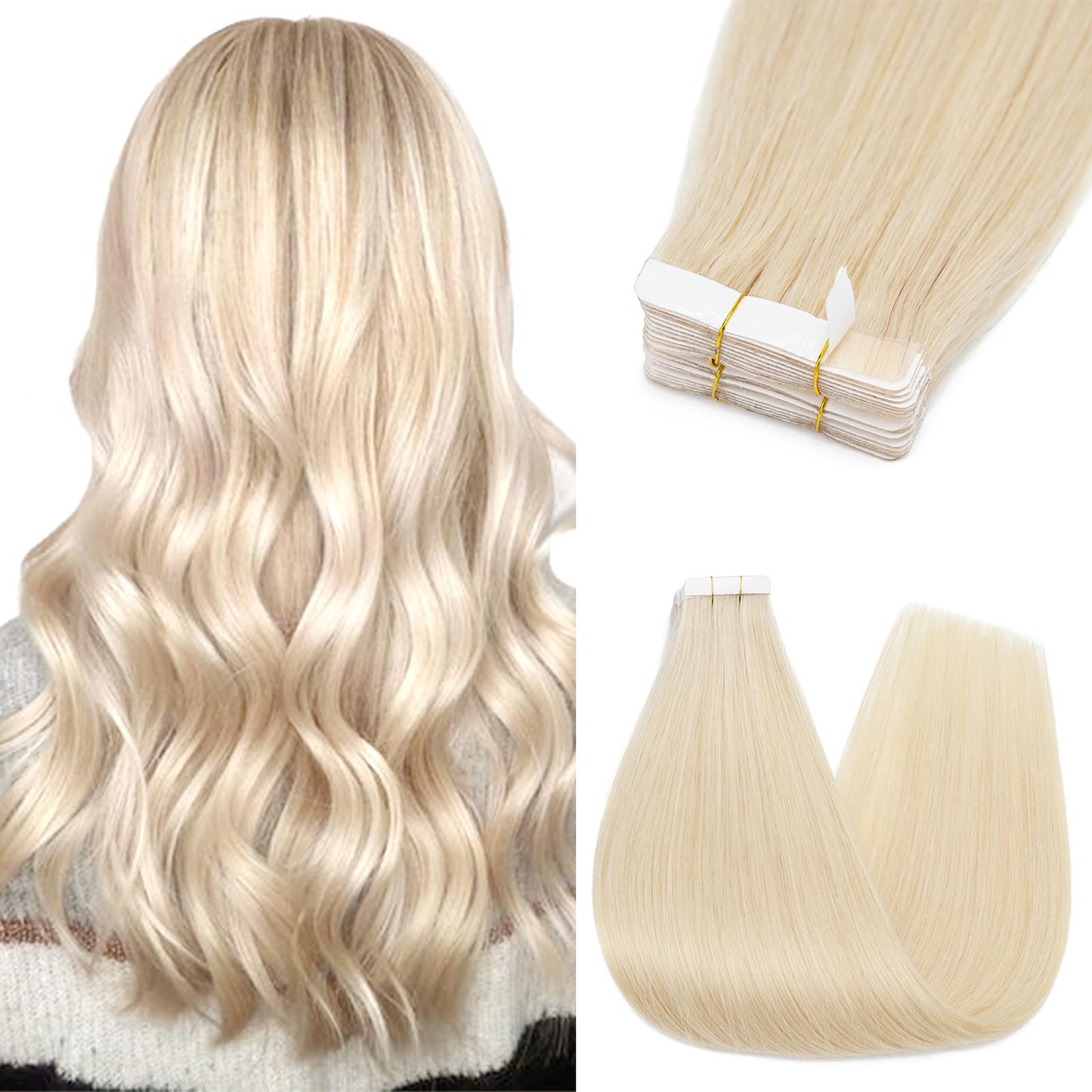 Silk-co 12"-24" Tape in Hair Extensions 100% Real Remy Straight Human Hair Extension 10Pcs Straight Skin Weft Seamless (12inch #60 Platinum Blonde)
