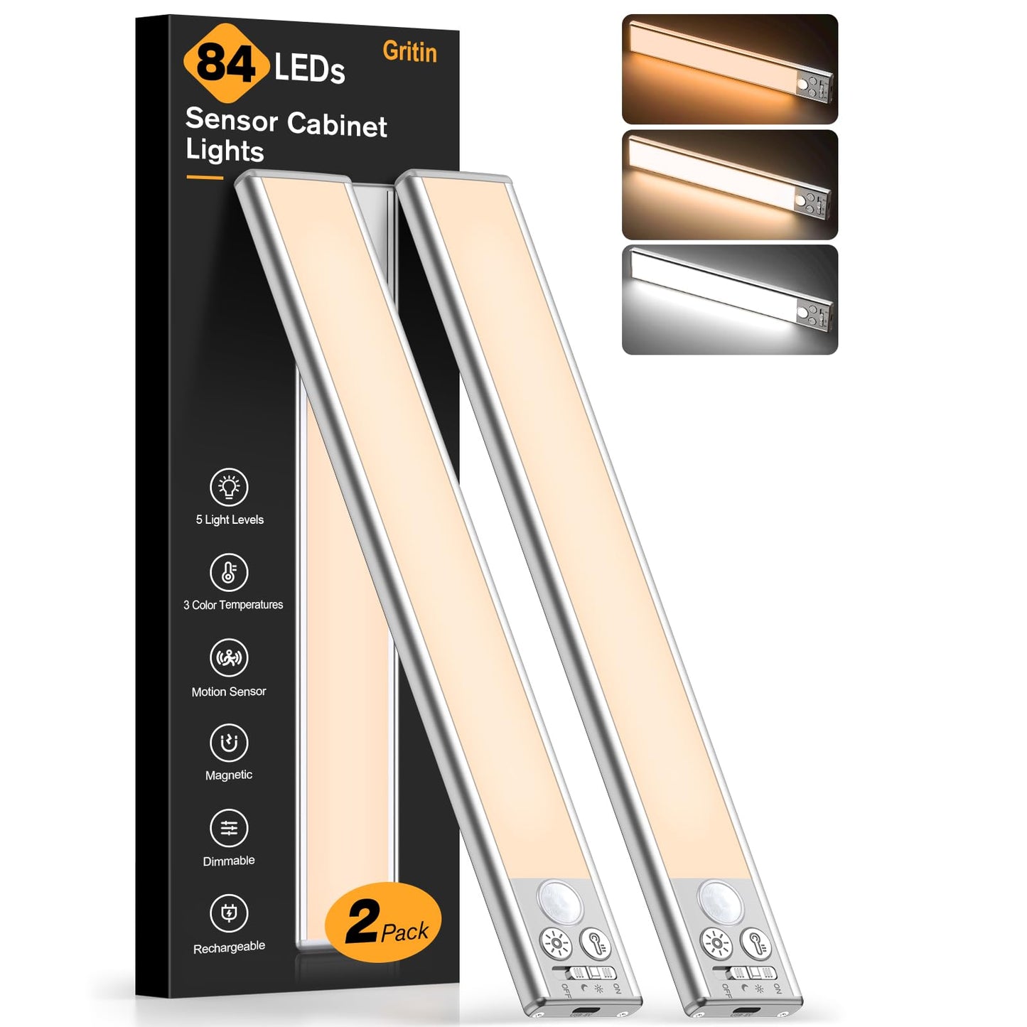 Gritin Under Cabinet Kitchen Lights-84 LED Super Bright,3-Color&5-Brightness,4 Modes,Motion Sensor,Rechargeable 1800mAh Long Lasting-Easy Installation Strong Magnetic Under Closet Light-2 Pack