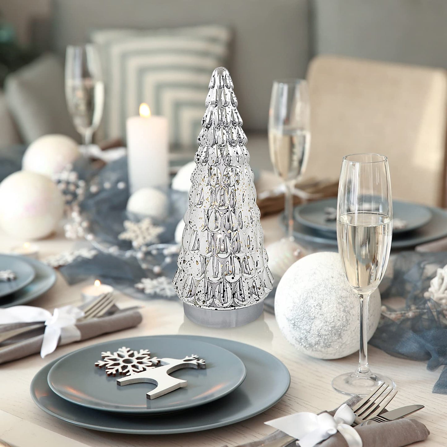 SHMILMH Silver Mercury Glass Christmas Tree, Small Tabletop Christmas Tree with Light, Battery Operated Mini Xmas Tree for Fireplace Bathroom Decor 10", Set of 2